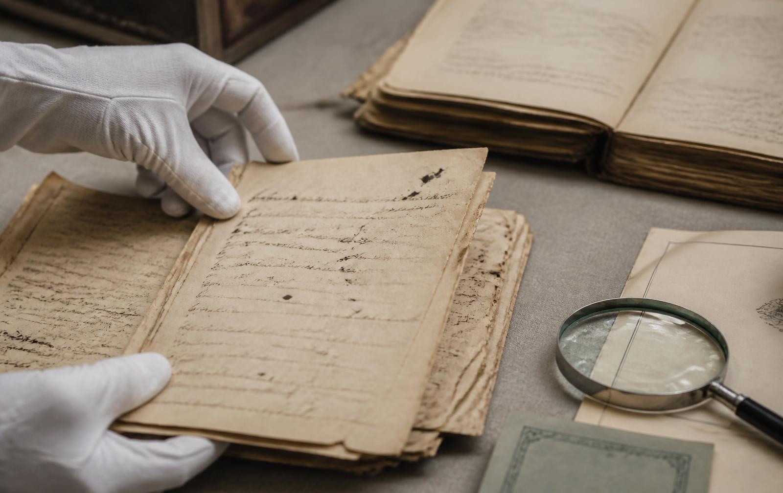 Mãos com luvas de algodão manuseando documentos manuscritos antigos sobre uma mesa de pesquisa